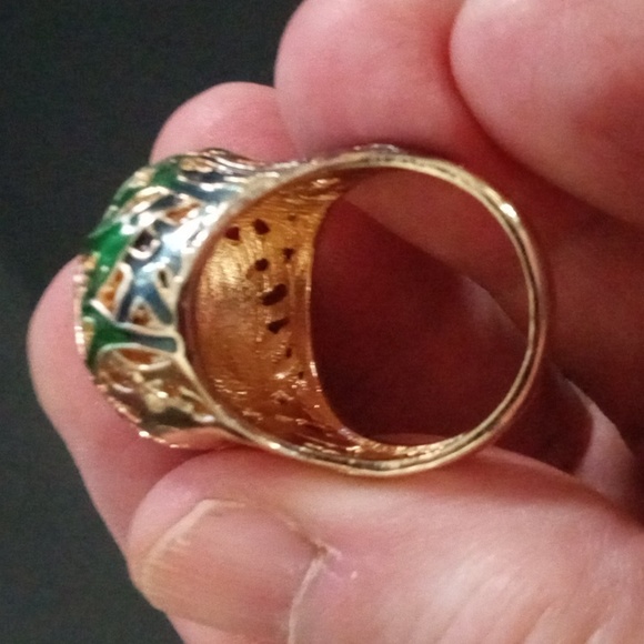 Goldstone Enamel Lotus Rhinestone Ring Sz 9 - Picture 5 of 6